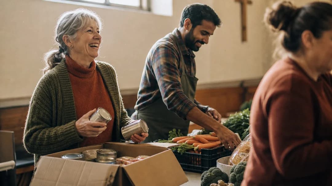 Volunteers sorting donated food at a Canadian community food bank