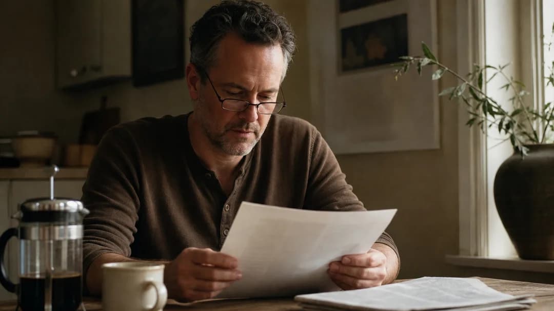 A person reading paperwork carefully at a kitchen table in natural light