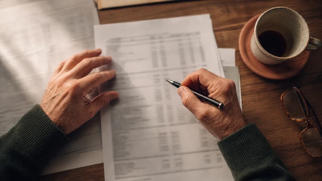 Close-up of hands reviewing a printed financial filing